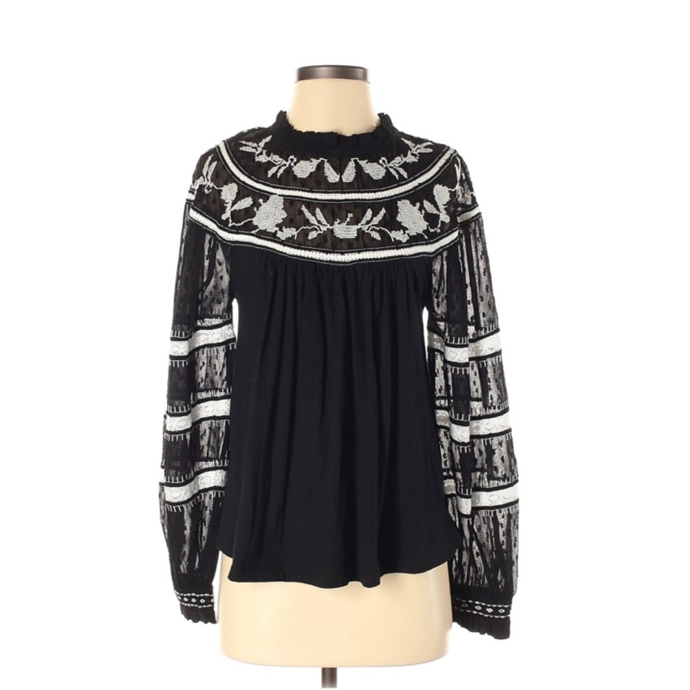 Anthropologie Black Lace Yoke Long-Sleeve Blouse with White Embroidery